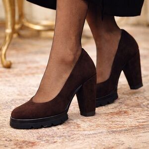 Vintage 90s Walter Steiger Heels Sz 6.5 Brown Leather Cone Heel Chunky Lugg Sole